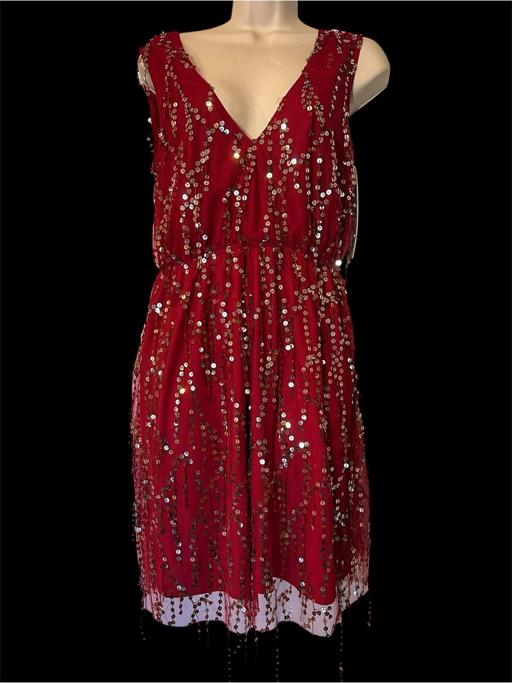 Sleeveless Red Sequin V-Neck Midi Dress